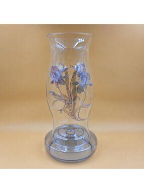 L.E. Smith Hand Painted Iris Clear Glass Hurricane Lamp Floral Candle Holder
